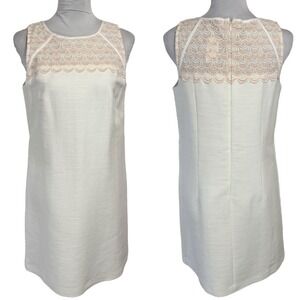 NEW LOFT Embroidered Mini Shift Dress Size 6 Sleeveless Boxy‎ White Beige Cotton